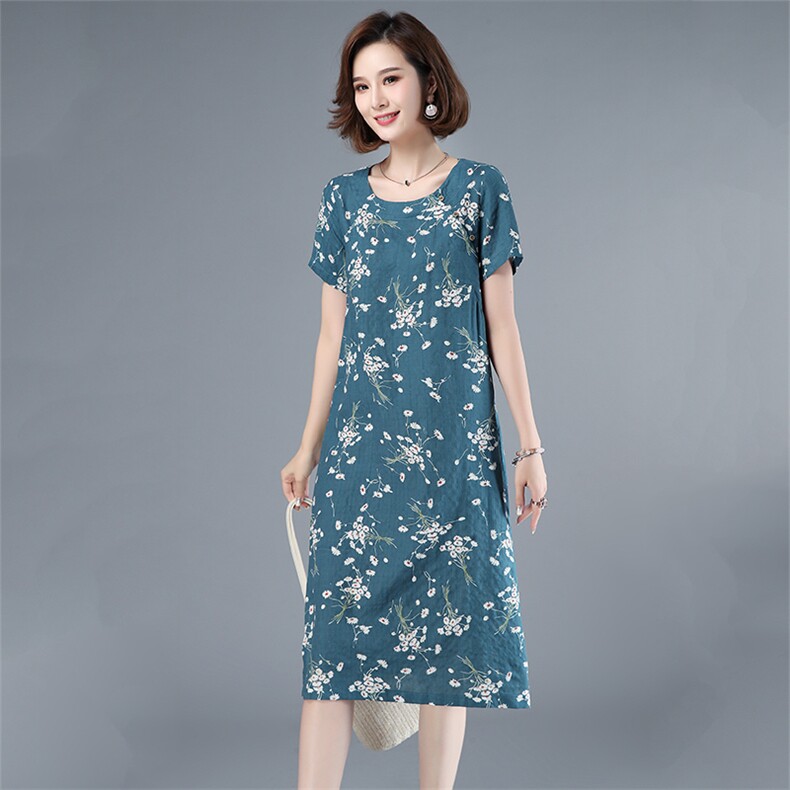 2021年夏季中长款通勤A字裙旗袍妈妈装连衣裙印花圆领套头裙子,女装连衣裙,伊满意
