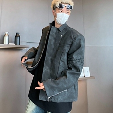 春季做旧皮夹克男士街头机车风垫肩外套廓形潮牌上衣男W6108-P87，男装夹克，星座412-2