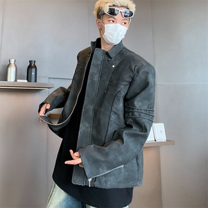 春季做旧皮夹克男士街头机车风垫肩外套廓形潮牌上衣男W6108-P87图片