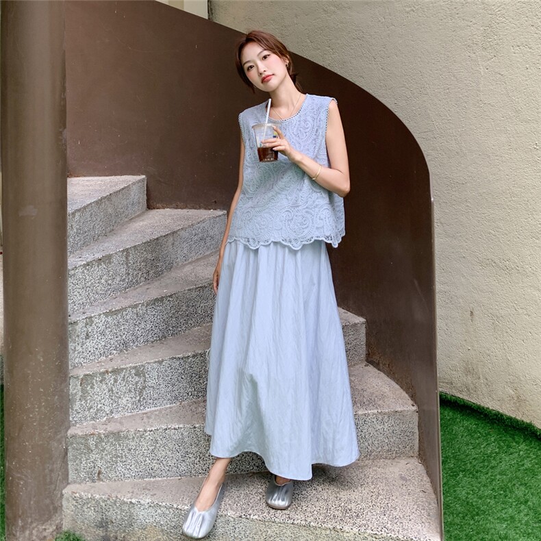 法式灰蓝色蕾丝背心半身裙套装女夏2025新款两件套夏日漂亮巨好看图片