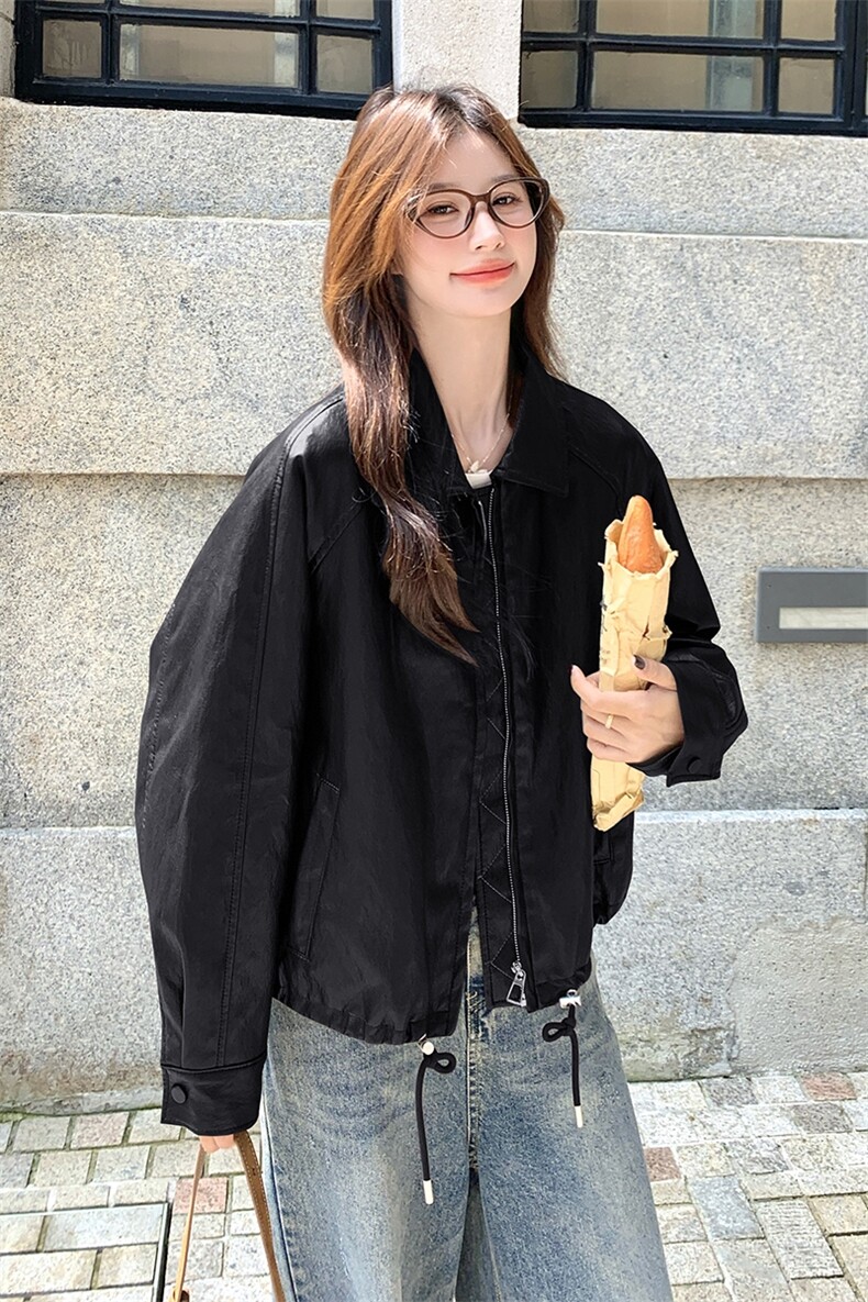 美式复古皮衣外套女2025秋季新款高级感宽松休闲百搭机车服夹克潮,女装皮衣,2D044