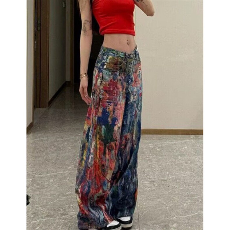 复古水洗泼墨油画调色盘牛仔裤子女春辣妹3D彩印拖地长裤N9756,男装牛仔裤,星座1116A（原606A-3）