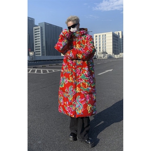 长款棉衣外套东北大花风汉服男女宽松保暖防寒连帽棉袄潮男图片