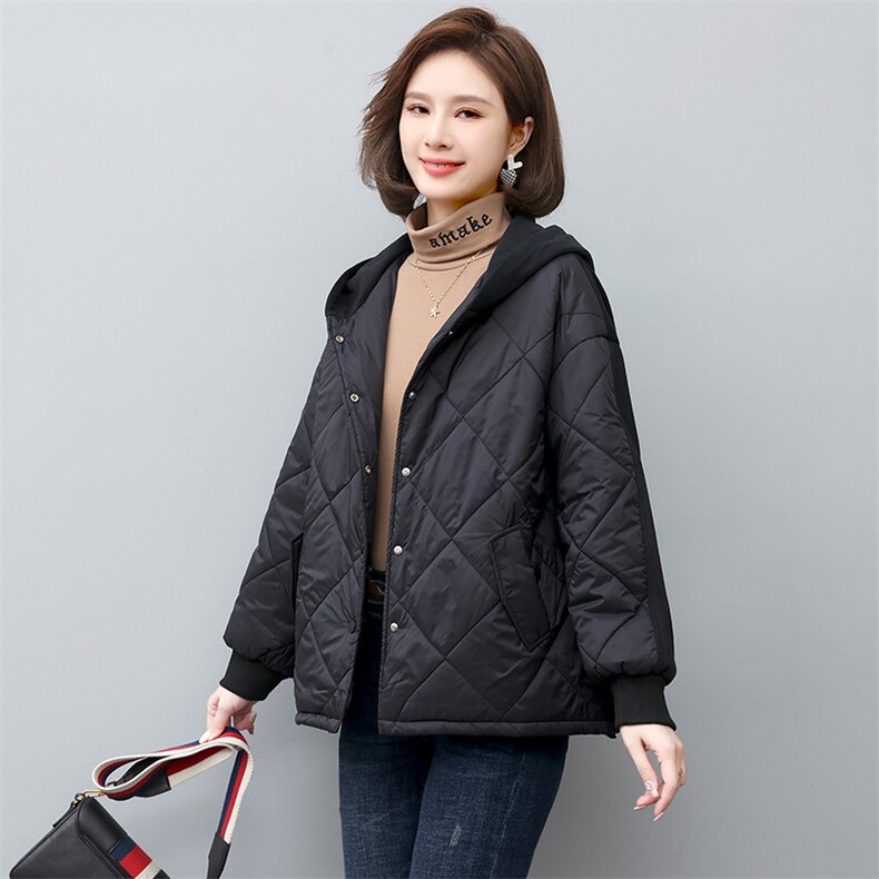 棉衣棉服女2022新款冬季短款连帽秋冬妈妈拼接薄款夹棉外套,女装棉衣/棉服,忆绮罗