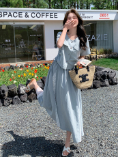 时尚松弛感休闲上衣套装裙女2025年夏季新款蕾丝拼接半身裙两件套，女装套装/套裙，浙宝220