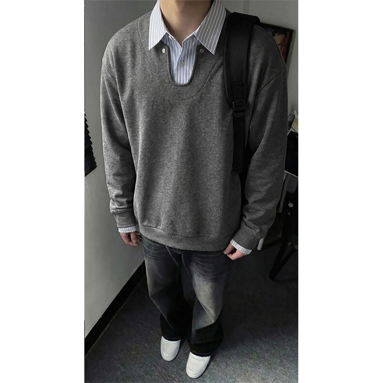 假两件卫衣衬衫领拼接春季男复古上衣长袖T恤C61324-TP4589,男装T恤,电商A102