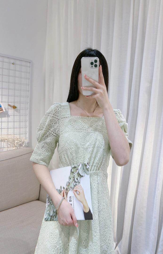 DINOBIENS【现货】夏季新款定制方领蕾丝连衣裙，女装连衣裙，迪诺比亚