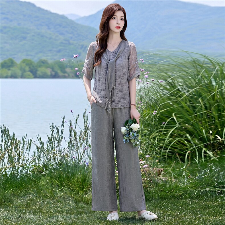 时尚潮流2026年夏季流苏领带休闲风时尚两件套裤,女装套装/套裙,伊航服饰
