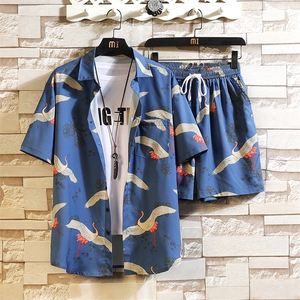 夏季复古风潮流短袖设计感仙鹤印花韩版休闲两件套TZ888-P45图片
