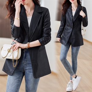 皮衣女2023年新款春秋款修身休闲西装外套收腰pu中长款西服皮夹克图片