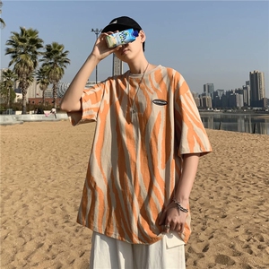 男士夏季潮韩版宽松圆领港风ins不规则条纹短袖t恤上衣 T130-P20图片