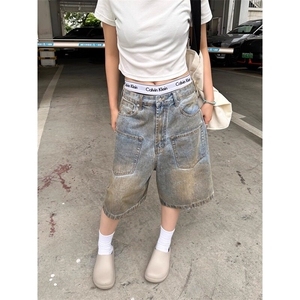复古做旧蓝五分中裤男女夏季宽松阔腿牛仔短裤男裤网图DK6710-p48,女性薄裤搭配图片图片