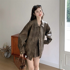 春季新款复古色皮衣百褶裙套装，女装套装/套裙，2C120