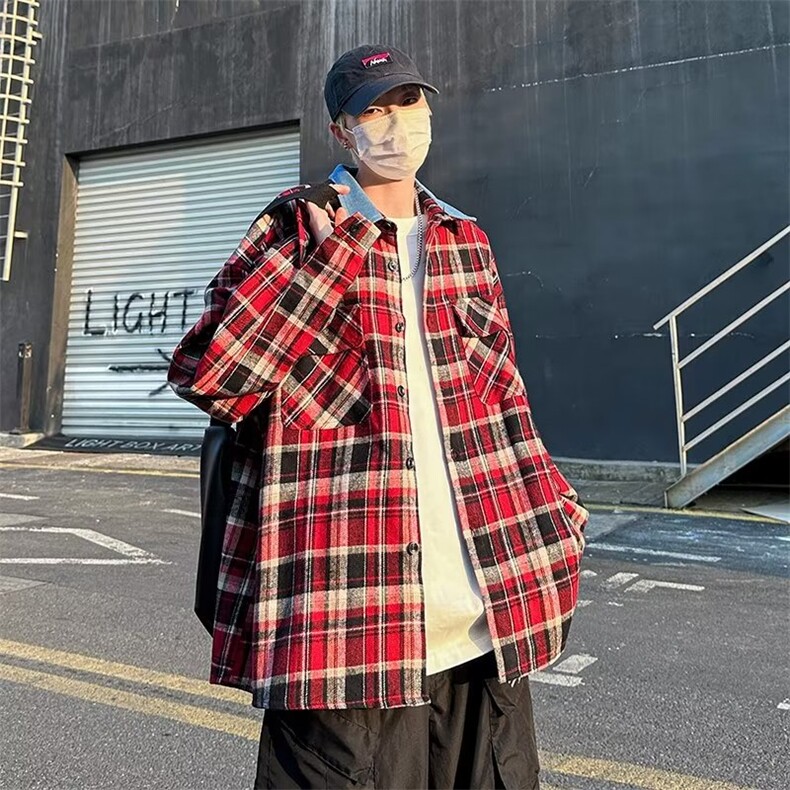衬衫男韩版潮流格子拼色高街2023春夏季新款ins宽松外套CY104-P38,男装衬衫,星座412-2
