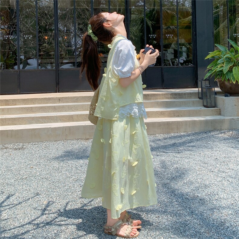 撞色拼接立体花撞色套装裙女夏季2025新款法式气质半身裙两件套图片