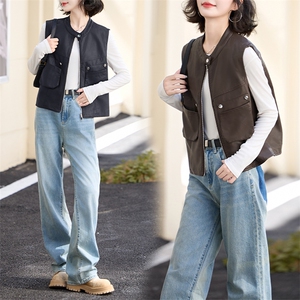 2024秋季新款女装PU皮衣复古立领机车服夹克外套女式马甲图片