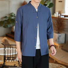 风春大码衬衣男休闲纯色衬衫七分袖立领复古盘扣男装CS510-50，男装衬衫，钱塘788(原4013)