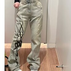 美式高街水洗做旧复古微喇叭牛仔裤男款火焰残影印花显瘦拖地裤子，男装牛仔裤，星座1210-1