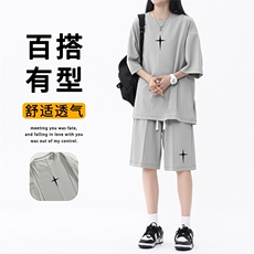 冰丝薄款套装女夏季半截袖t恤五分短裤两件套TZ52-特批70，男装休闲套装，星座718