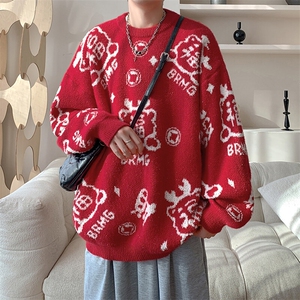 红色氛围感拼色福气毛衣情侣款针织衫休闲喜庆上衣HY694TP50图片