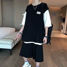 L夏季华夫格假两件2022港风短裤短袖T恤套装男T787-P45，男装T恤，星座512-2