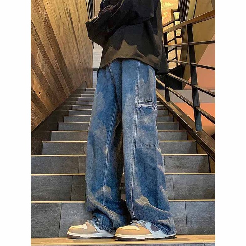 美式复古水洗牛仔裤男春秋款设计感小众工装裤潮牌宽松直筒阔腿裤,男装牛仔裤,星座813-2