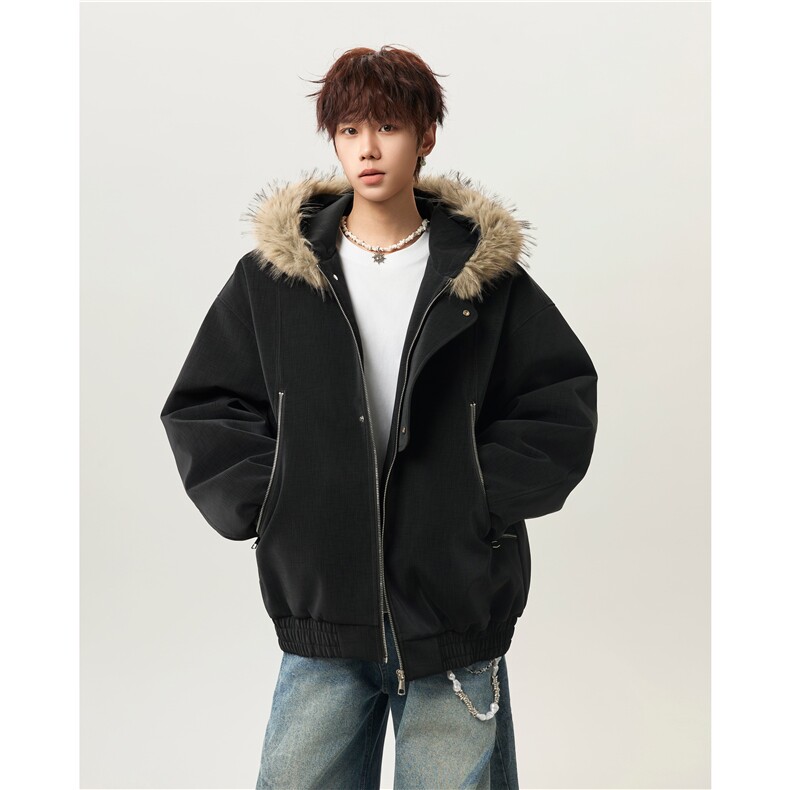 2025原创新款高档软蛋白纹理PU男女棉服连帽加毛座山雕P128控168，男装棉衣，星座506-1