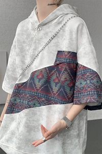 DX10127-特批40 控78 撞色拼接百搭宽松连帽短袖大码T恤图片