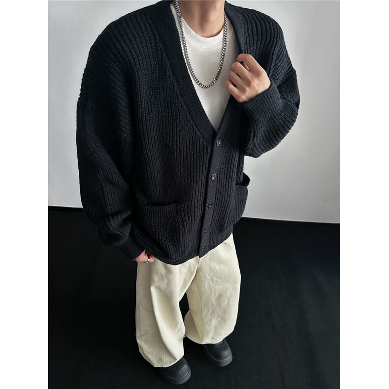 日系慵懒风V领针织衫毛衣情侣秋冬宽松百搭开衫外套M6001-特P50，男装针织衫/毛衣，电商A006