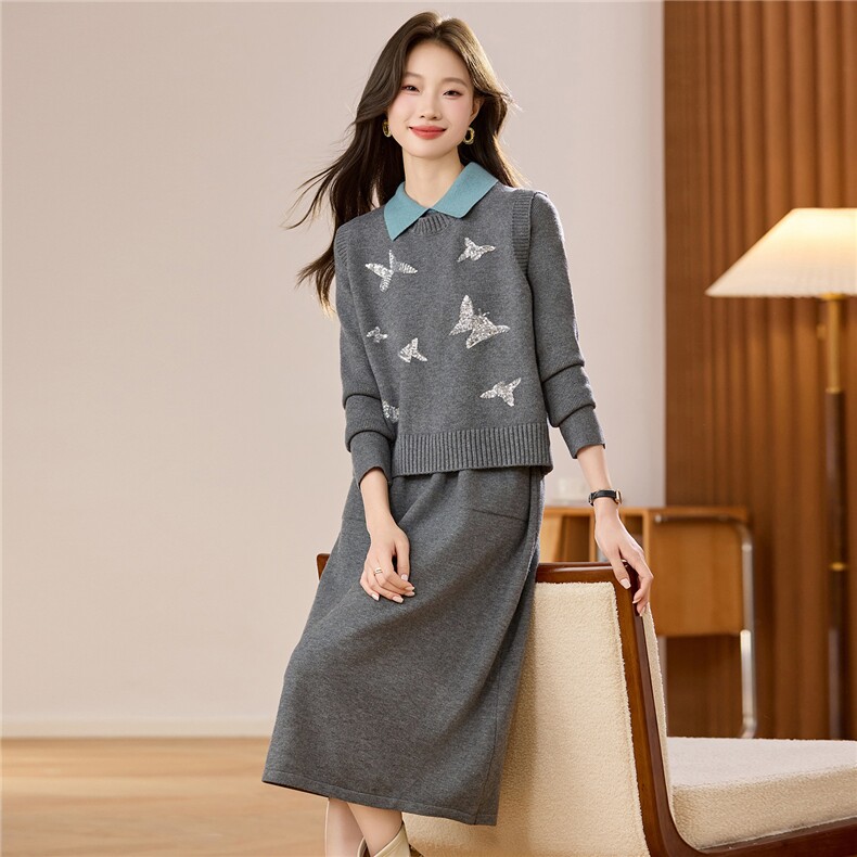 秋冬套装裙两件套毛衣裙女2025新款气质高级感娃娃领羊毛连衣裙子，女装羊毛衫，艾米