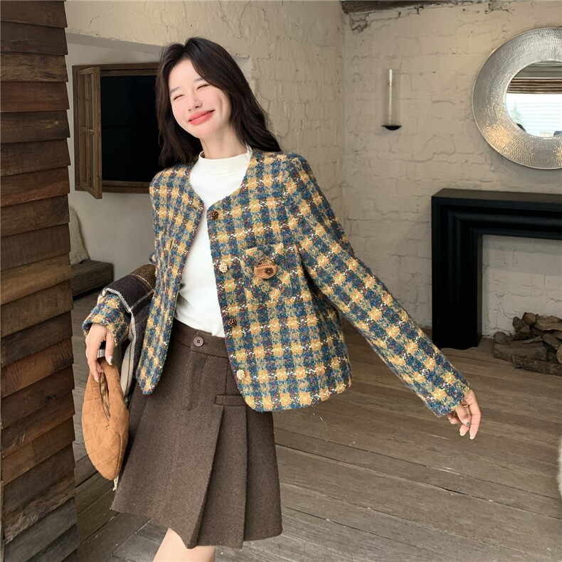 小香风格子撞色毛呢短款外套女秋冬2025新款小个子减龄巨好看大衣,女装短外套,2C153