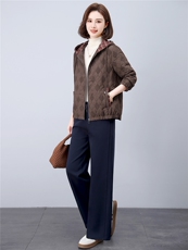 长期现货妈妈春秋早冬夹棉服时尚格子连帽外套短中老年两件套装女，女装套装/套裙，璐依舞