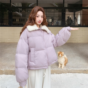 韩系短款紫色羊羔毛领羽绒服女冬2025新款超好看小个子白鸭绒外套图片