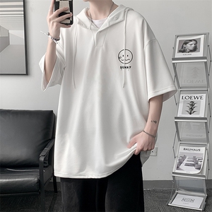 LD54072-P45 连帽短袖t恤男大码胖子带帽五分袖中袖 大皂风图片