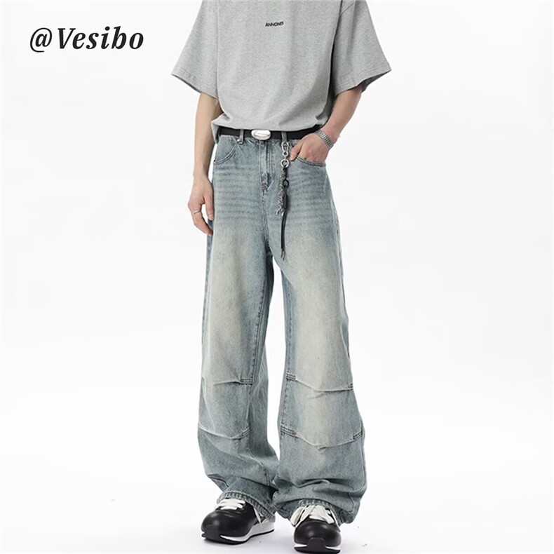 高街水洗褶皱弯刀牛仔裤男美式宽松设计感直筒阔腿裤N7090-P55，男装牛仔裤，星座208-5