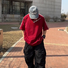 抖音得物高品质二开240克宽松纯棉美式潮牌三条杠织带短袖T恤，男装T恤，电商A486-1