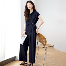 时尚休闲套装女2025夏季新款设计感洋气衬衫阔腿裤超火气质两件套，女装套装/套裙，婷思杰（原婷想服饰）