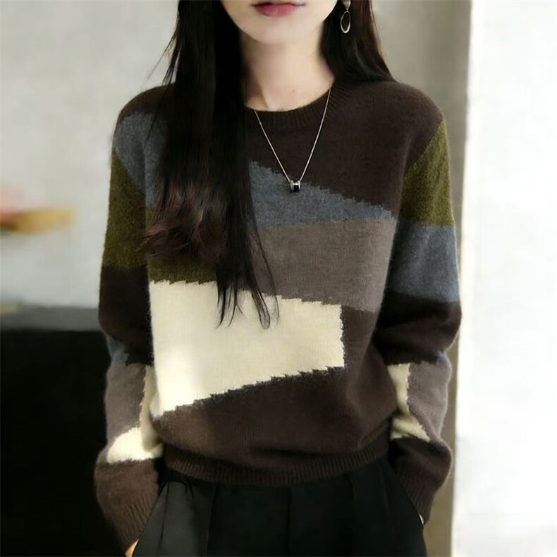 2026年秋季时尚百搭通勤简约休闲圆领拼色，女装针织衫/毛衣，暖姿羊绒
