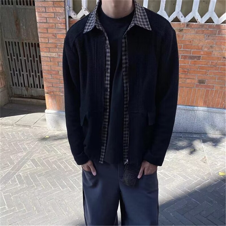 美拉德棕色假两件短款飞行员夹克男士秋冬季双领设计感棒球服外套图片