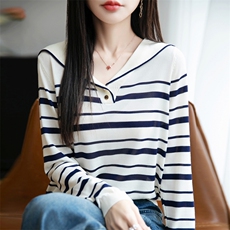 莱赛尔天丝海军领条纹，女装T恤，暖娇绒包芯纱店