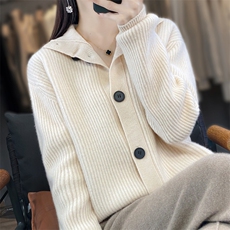 2025年夏季宽松型常规开衫单件长袖单排扣翻领落肩袖百搭，女装羊毛衫，春贝羊绒