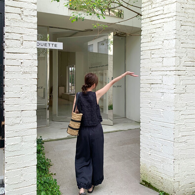 藏青色盐系木耳边套装女2025年夏季新款气质通勤马甲阔腿裤两件套,女装套装/套裙,纯色衣恋