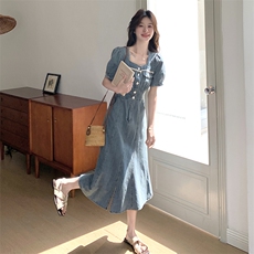 1D091-8445-P145K198鱼尾摆方领泡泡袖牛仔连衣裙，女装连衣裙，1D091-1
