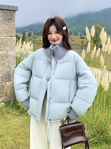 超好看蓝色针织拼接立领短款羽绒服女2025冬韩系甜美90白鸭绒外套图片