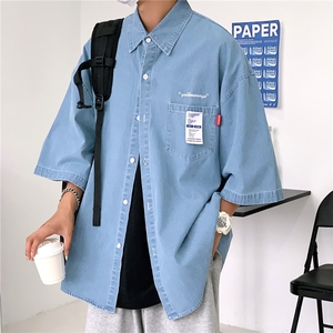 牛仔短袖衬衫男女薄款港风痞帅七分袖外套ins韩版潮流宽松衬衣图片