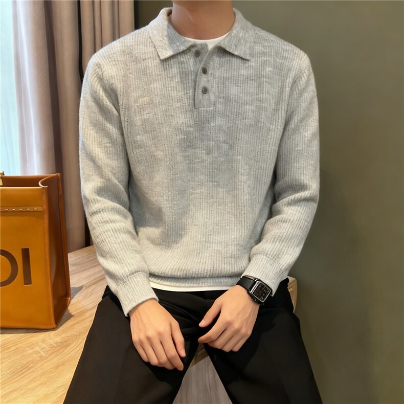 AI生图不涉侵权翻领毛衣针织POLO衫浅杏色5081/P88,男装针织衫/毛衣,电商A242