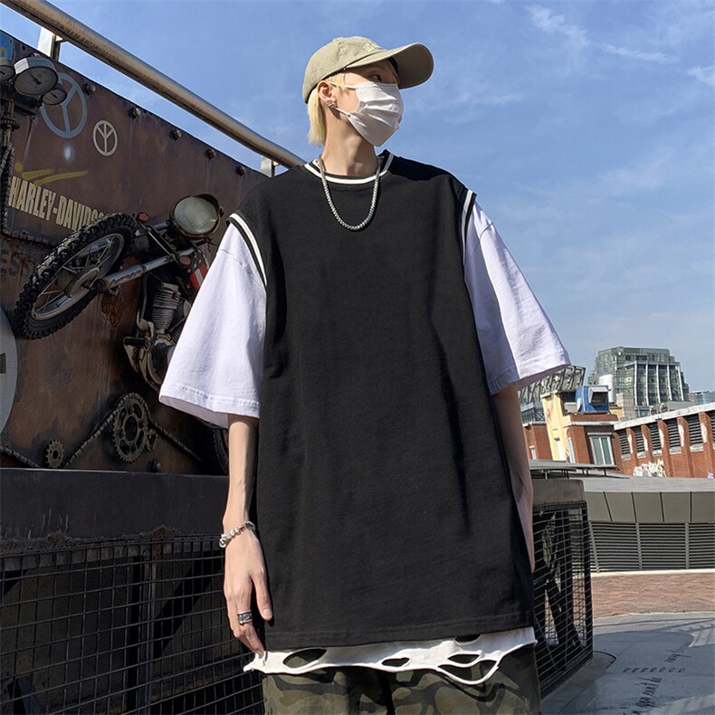 现货港风美式潮牌男大码拼接撞色潮短袖T恤男XT77092-P42,男装T恤,电商A042