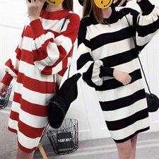 条纹百搭气质纯色低圆领套头长袖中长款宽松2021年秋季针织衫/毛衣，女装针织衫/毛衣，奕阳依阁