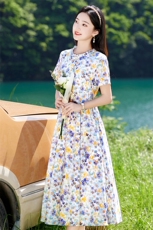 粉色纯棉碎花连衣裙女中长款2026夏新款收腰显瘦减龄气质短袖裙子，女装连衣裙，倪叶myz