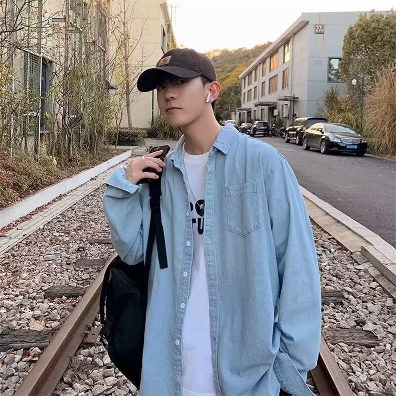 秋季港风复古牛仔衬衫男款潮牌宽松休闲工装衬衣外套口袋上衣服,男装衬衫,星座506A